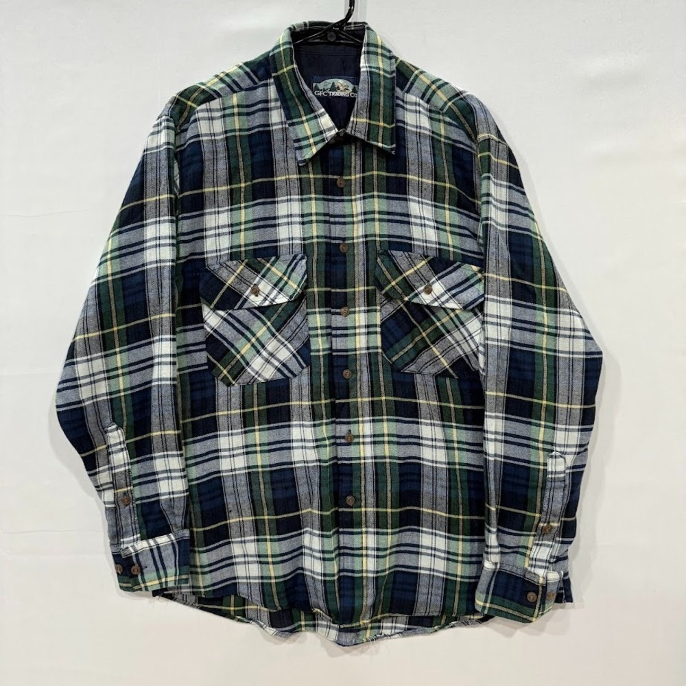 GFC Trading Co‎ Mens Large Plaid Flannel Shirt Lined Green Navy Blue Button Up